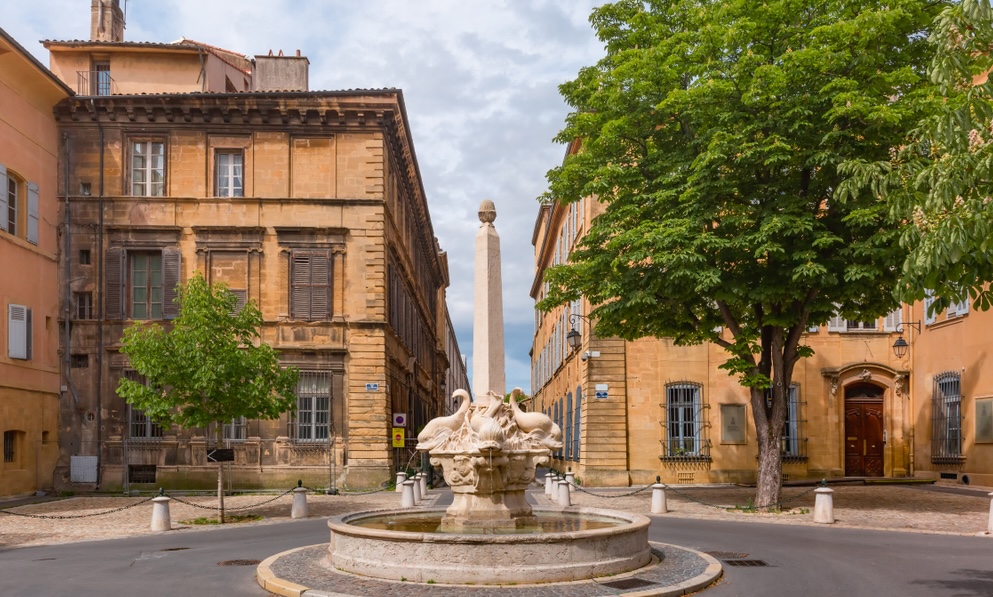 Fountain and square of Quatre-Dauphins in the heart of the Mazarin district, Aix-en-Provence, Provence, southern France